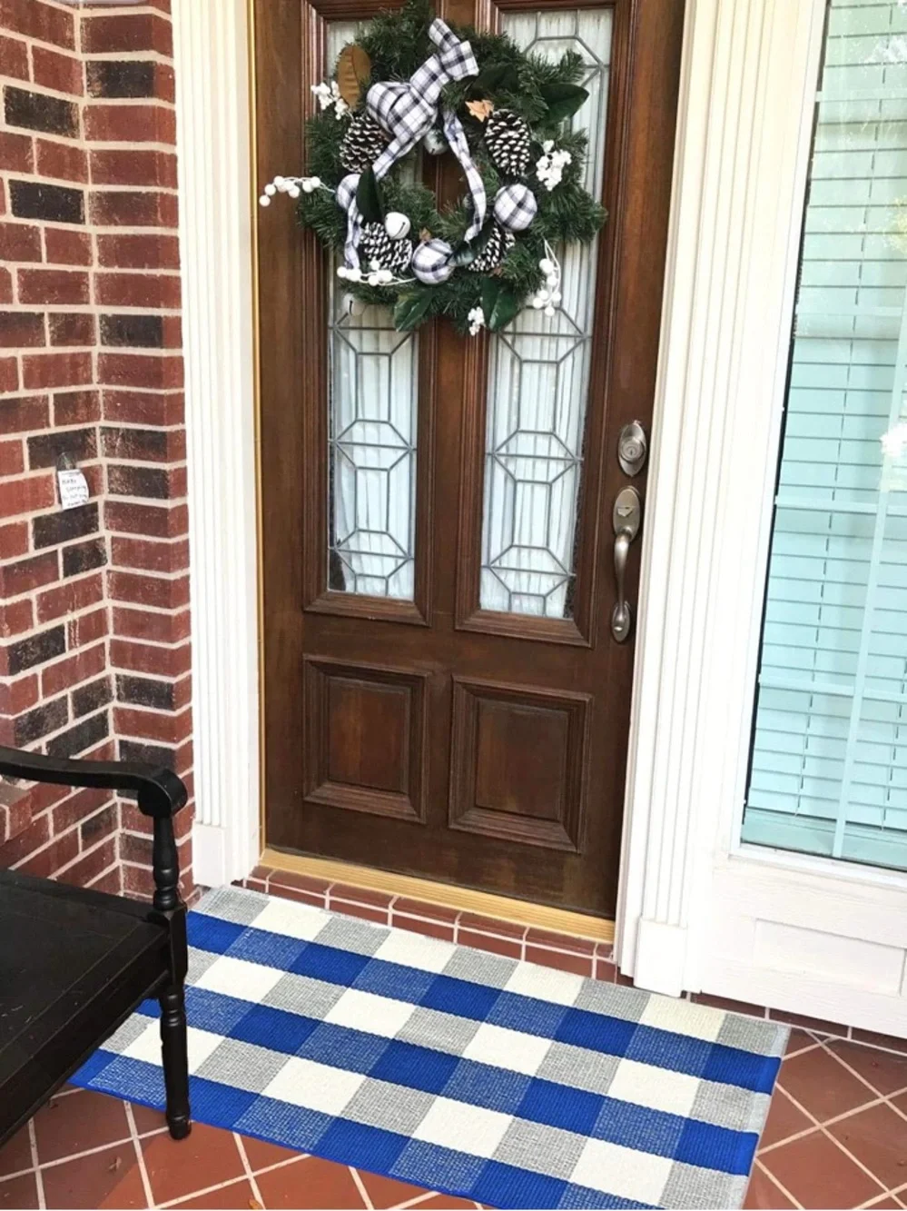 Blue and White Buffalo Check Layering Door Mats, Washable, 51.2''×23.6''